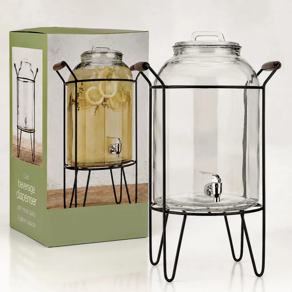 Glass Beverage Dispenser With Metal Caddy