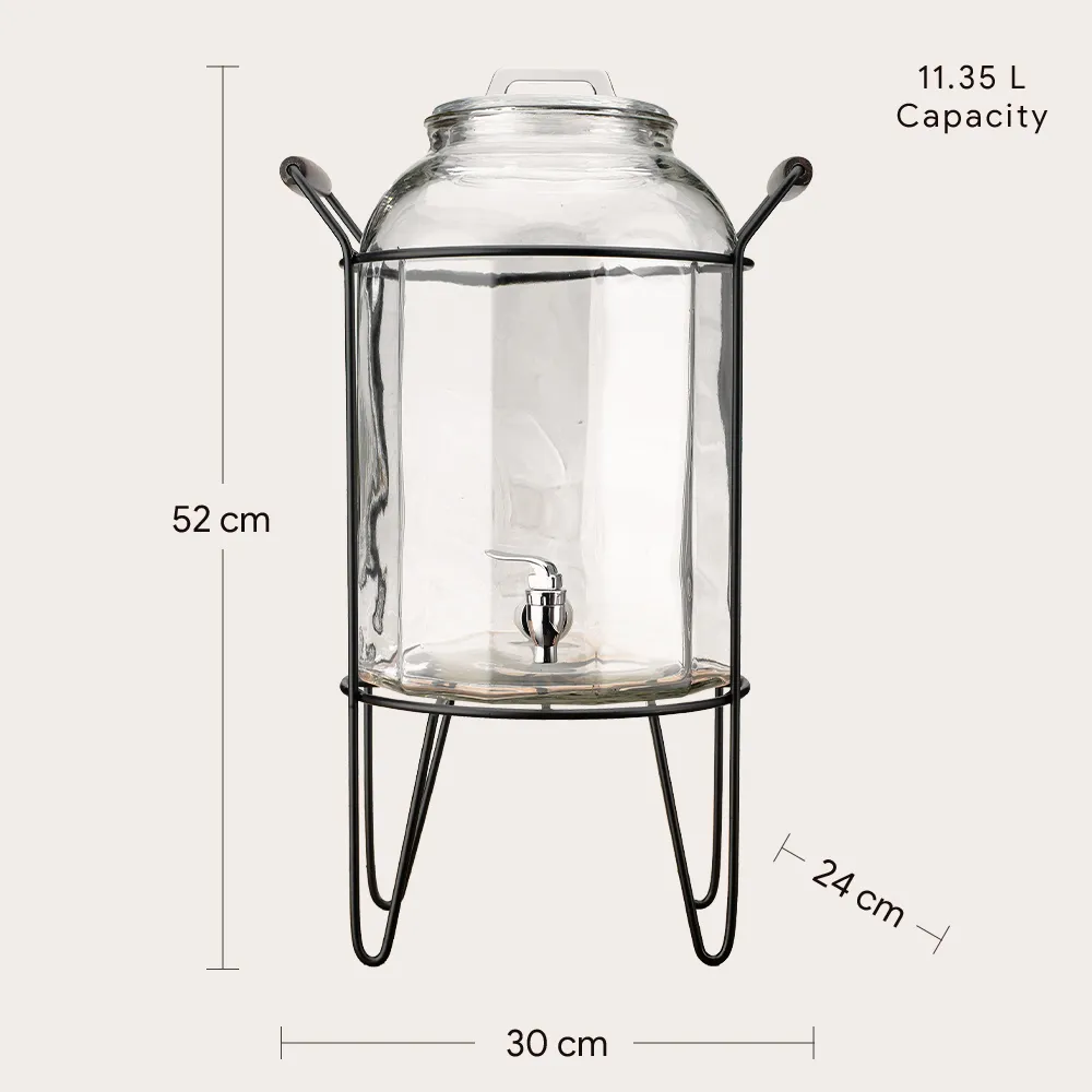 Glass Beverage Dispenser With Metal Caddy