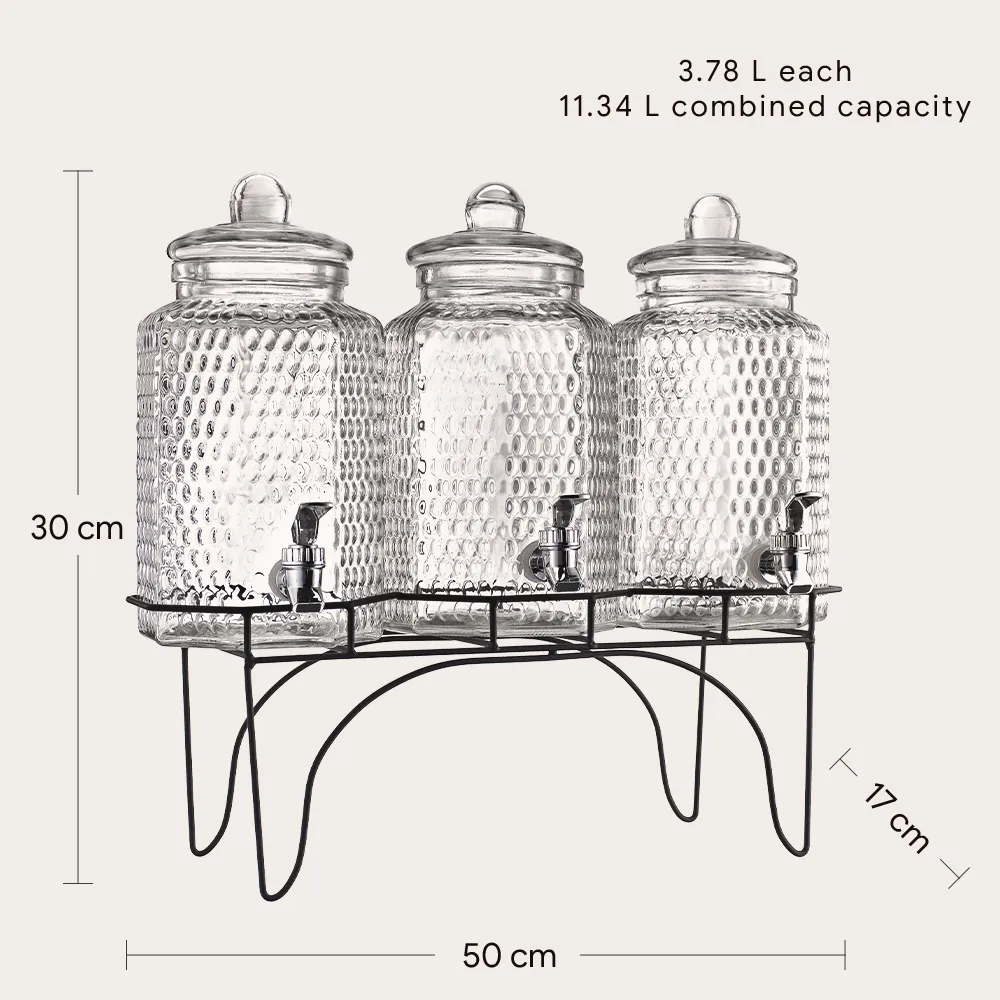 Triple Glass Beverage Dispenser With Metal Stand
