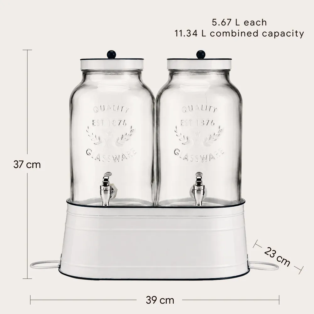 Double Glass Beverage Dispenser With Enamel Ice Bucket Base