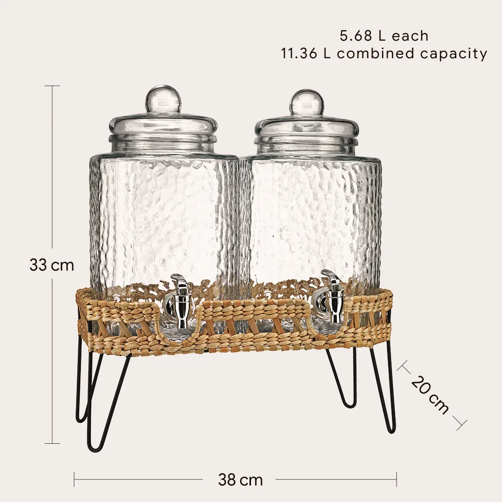 Double Glass Beverage Dispenser With Wicker Stand
