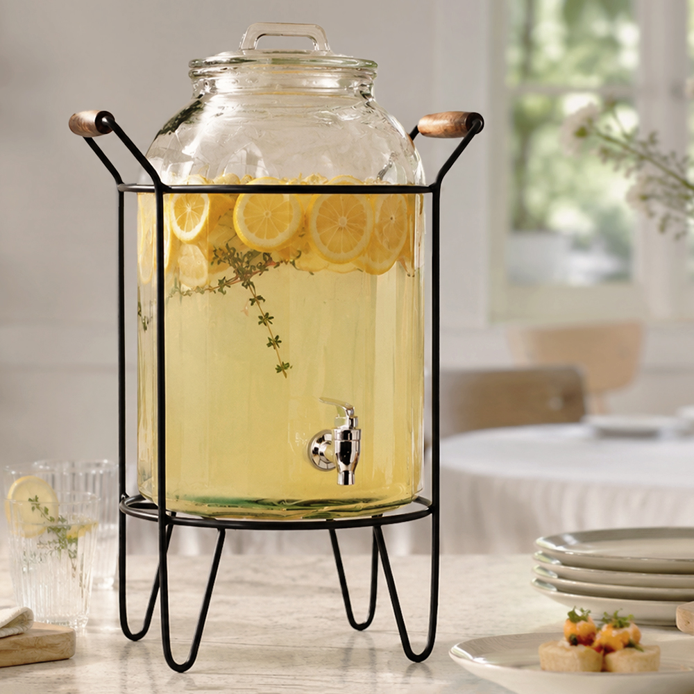 Glass Beverage Dispenser With Metal Caddy