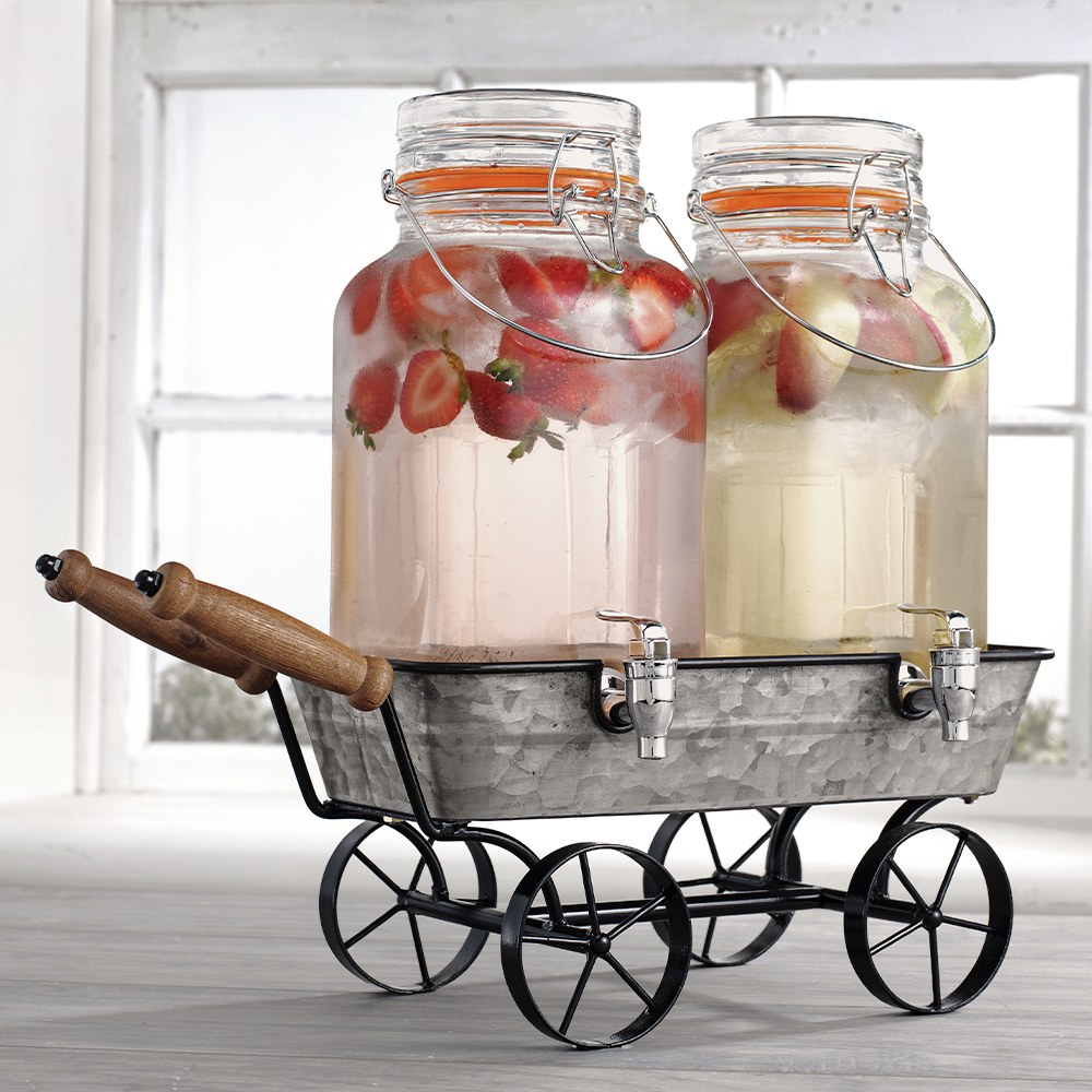 Double Glass Beverage Dispenser With Wheelbarrow Stand