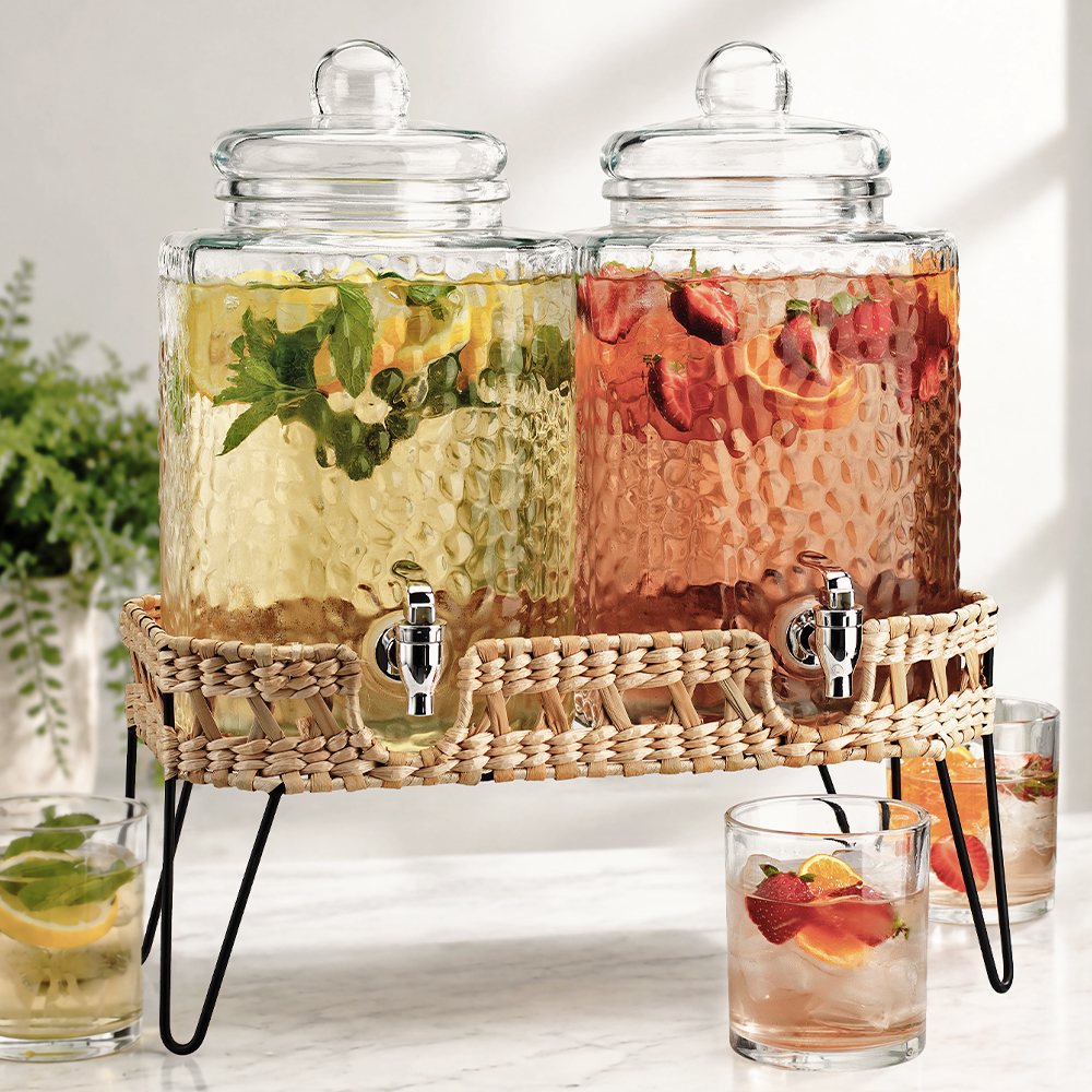 Double Glass Beverage Dispenser With Wicker Stand