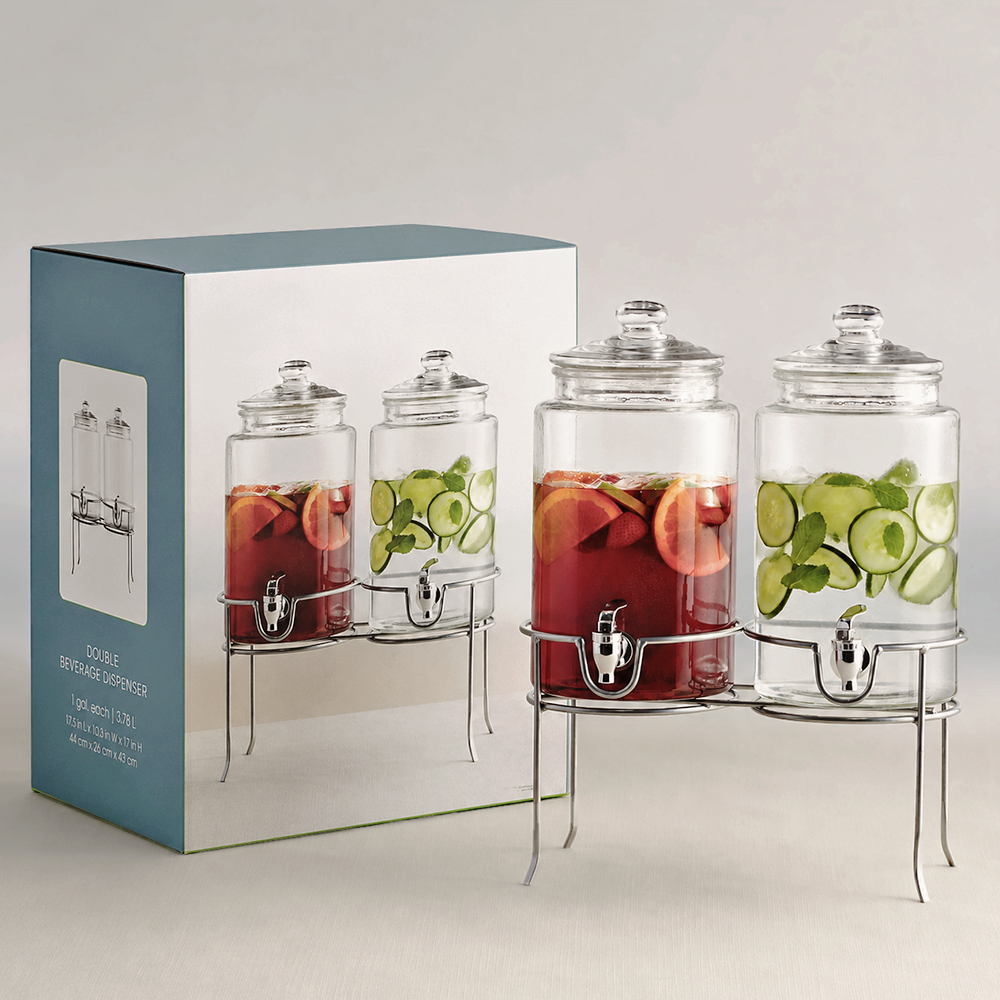 Double Glass Beverage Dispenser With Raised Metal Stand