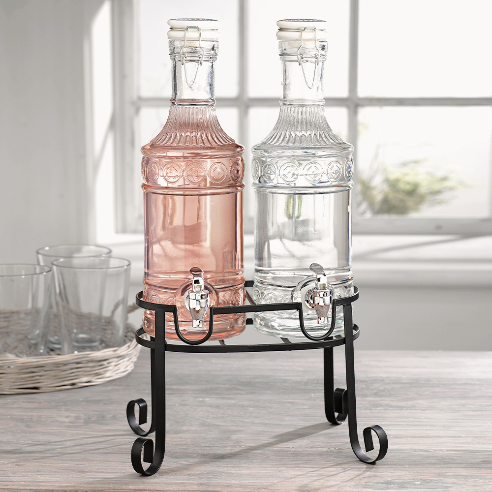 Double Clip-Top Glass Beverage Dispenser With Stand