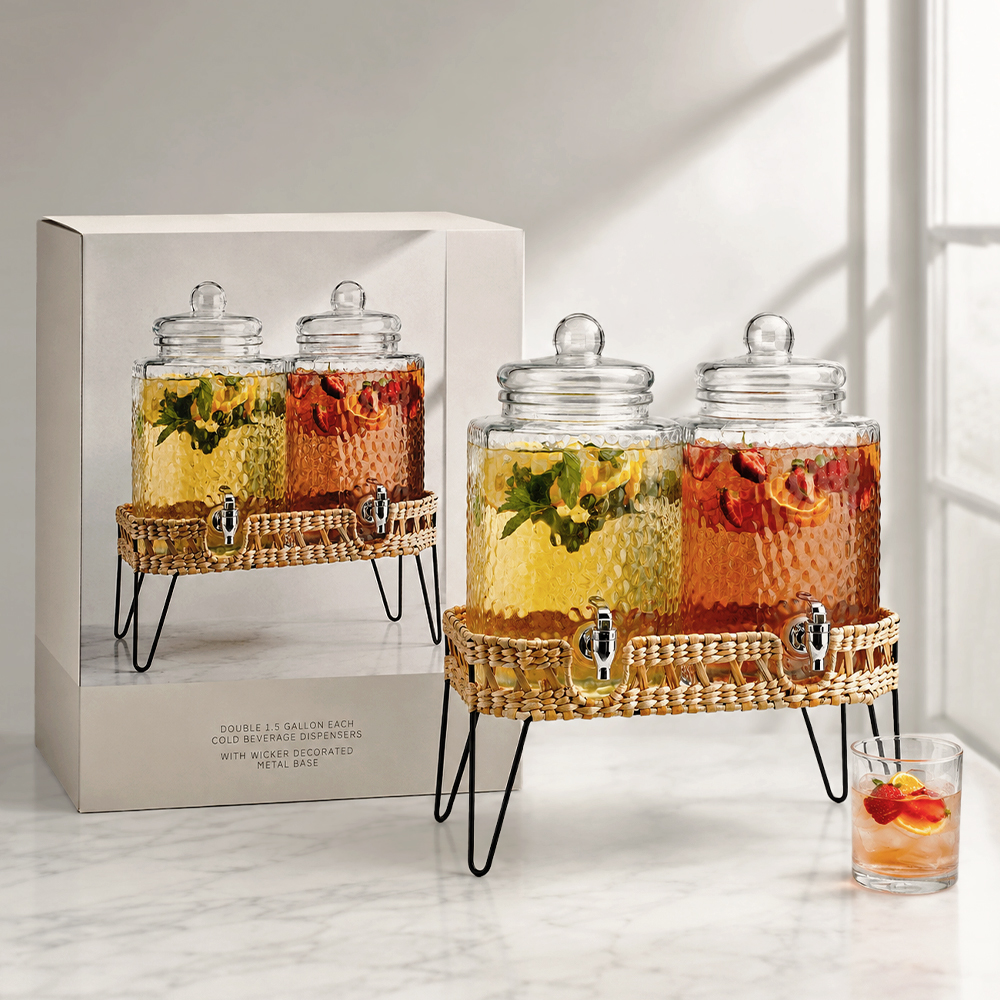 Double Glass Beverage Dispenser With Wicker Stand