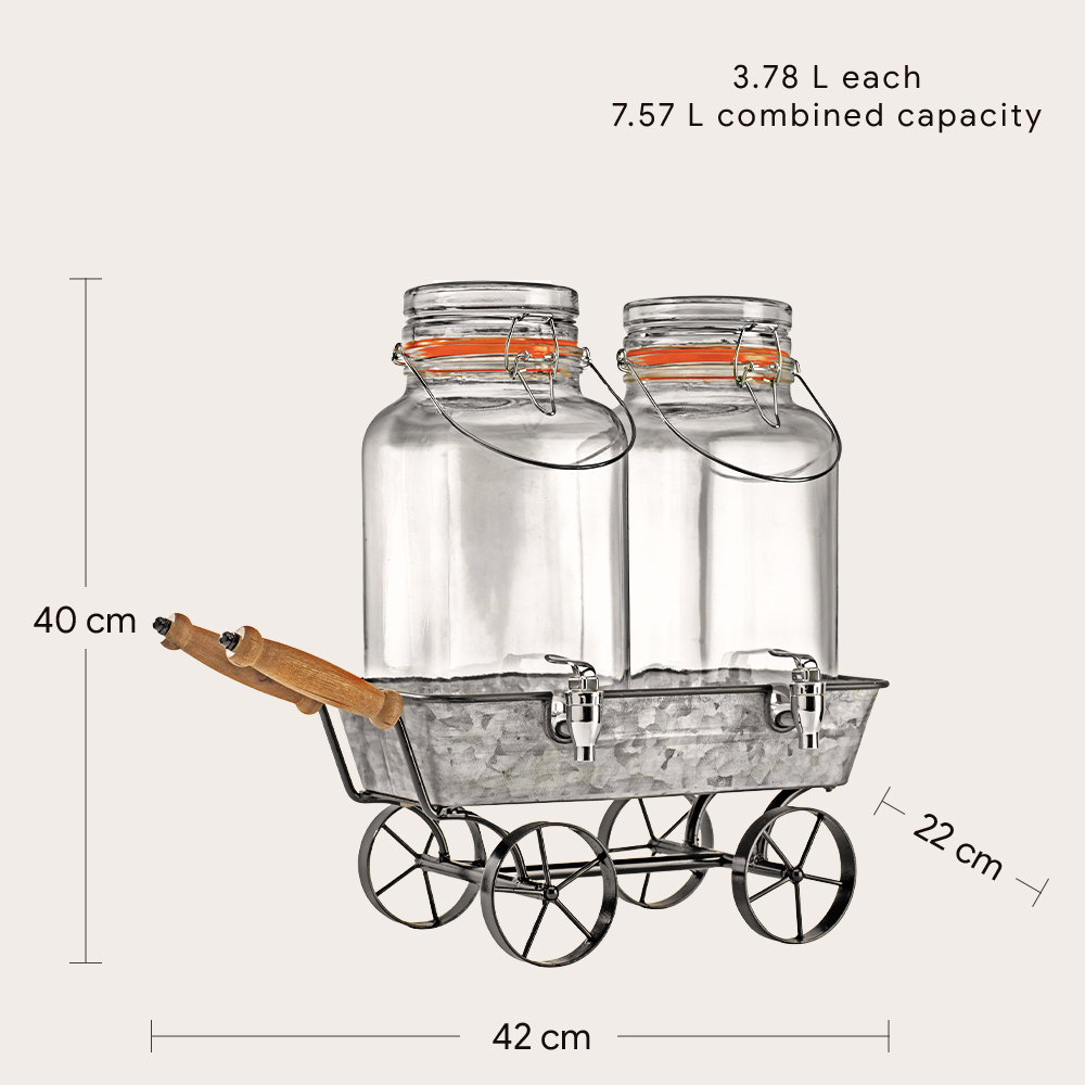 Double Glass Beverage Dispenser With Wheelbarrow Stand