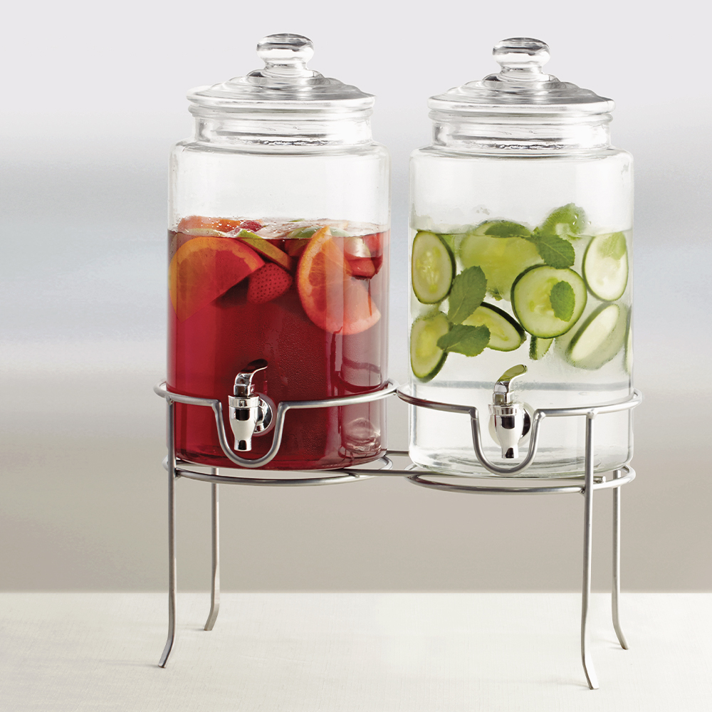 Double Glass Beverage Dispenser With Raised Metal Stand