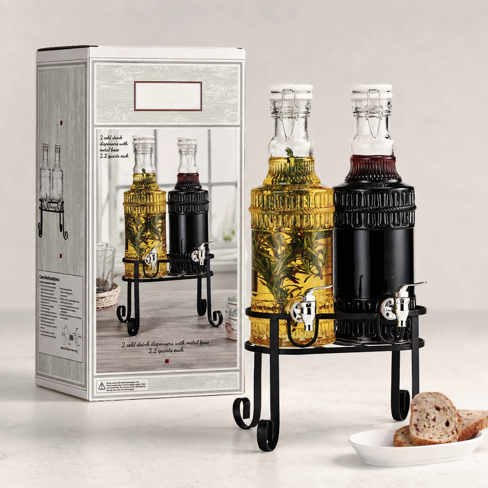 Double Clip-Top Glass Beverage Dispenser With Stand
