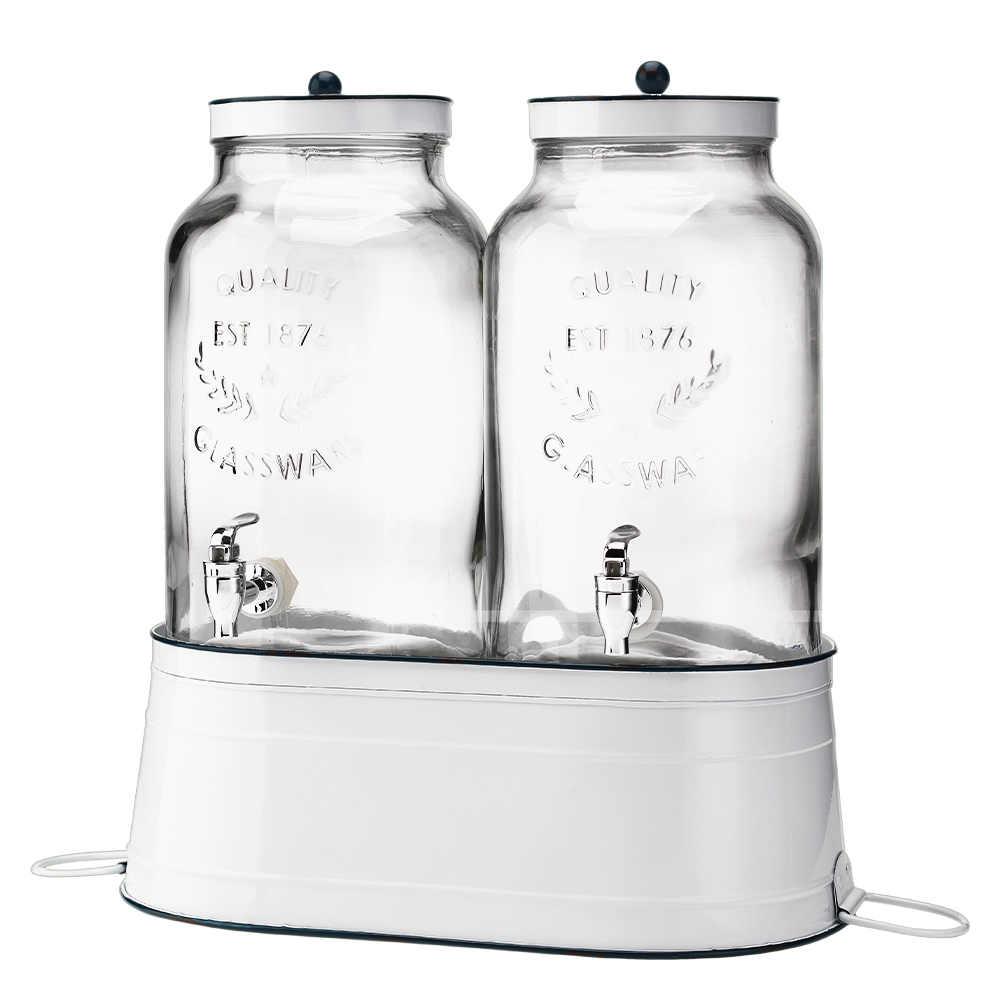 Double Glass Beverage Dispenser With Enamel Ice Bucket Base
