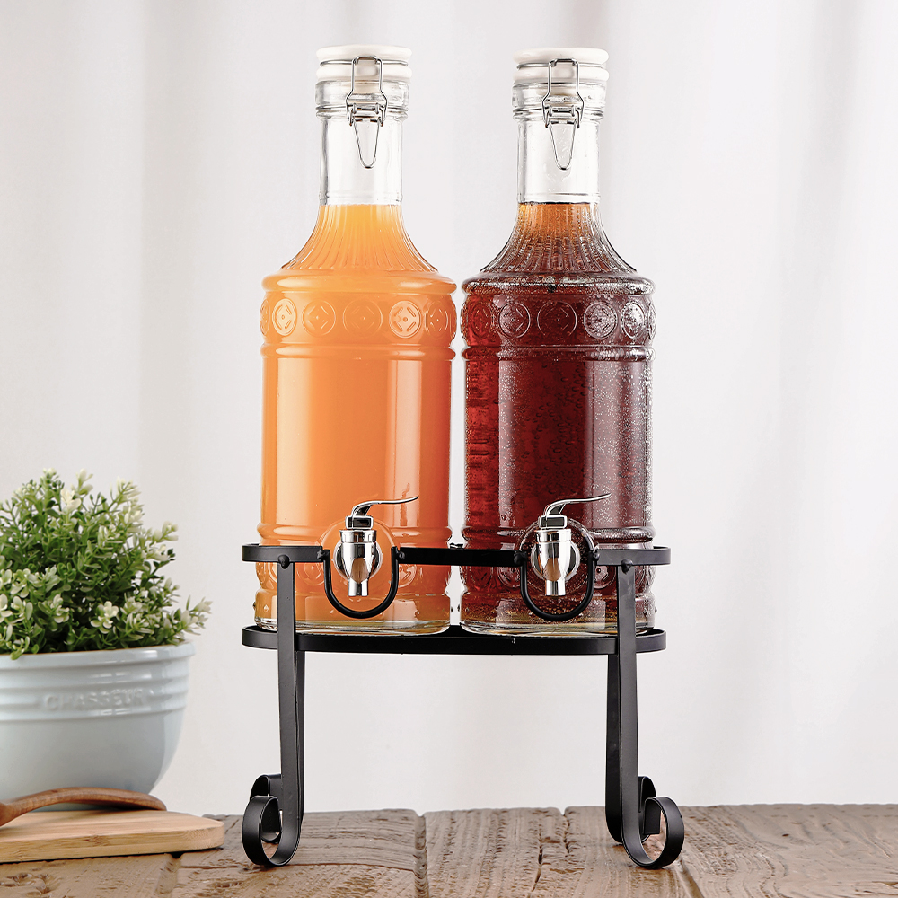 Double Clip-Top Glass Beverage Dispenser With Stand