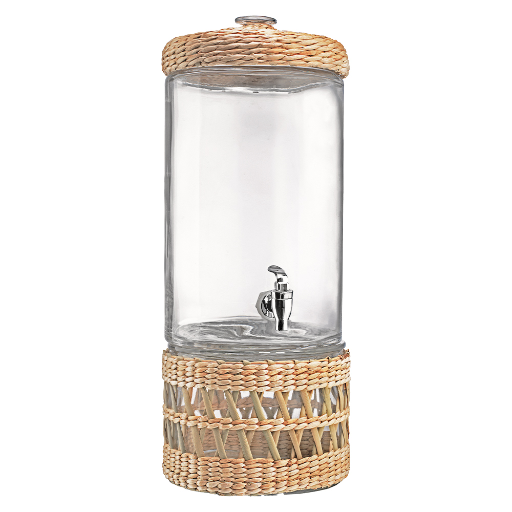 Glass Beverage Dispenser With Wicker Lid & Base