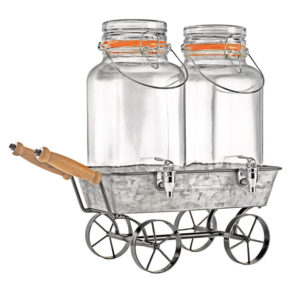 Double Glass Beverage Dispenser With Wheelbarrow Stand