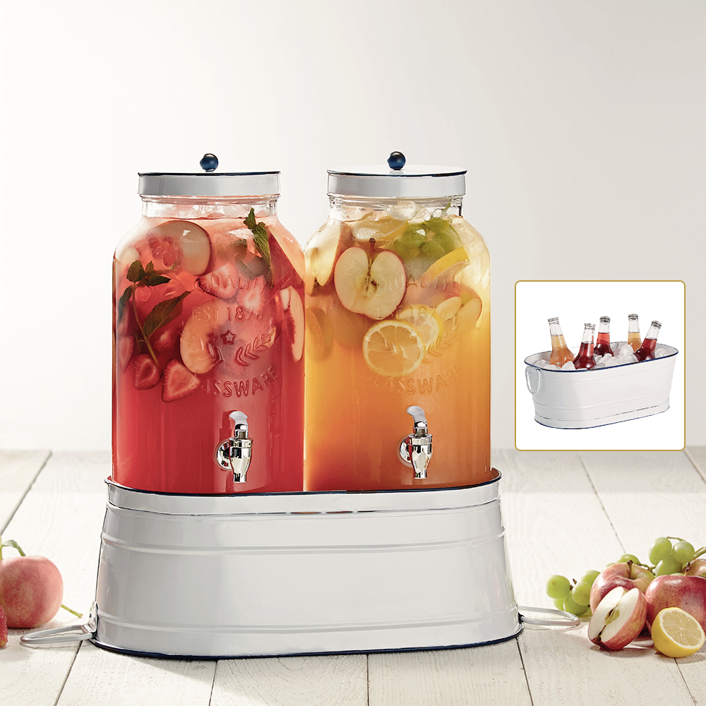 Double Glass Beverage Dispenser With Enamel Ice Bucket Base