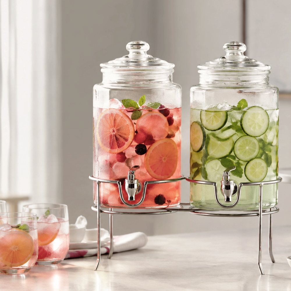 Double Glass Beverage Dispenser With Raised Metal Stand