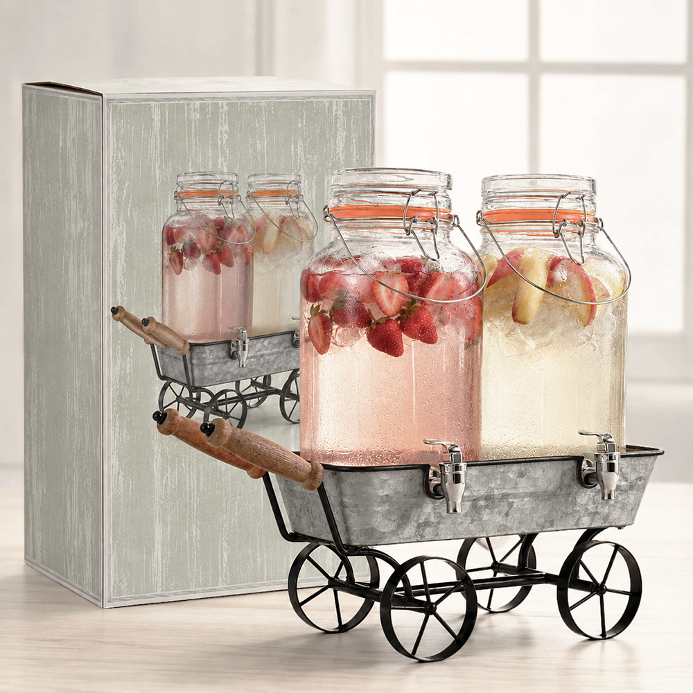 Double Glass Beverage Dispenser With Wheelbarrow Stand