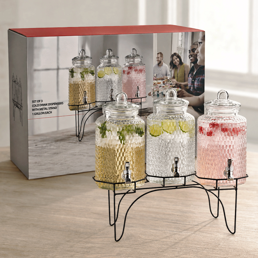 Triple Glass Beverage Dispenser With Metal Stand