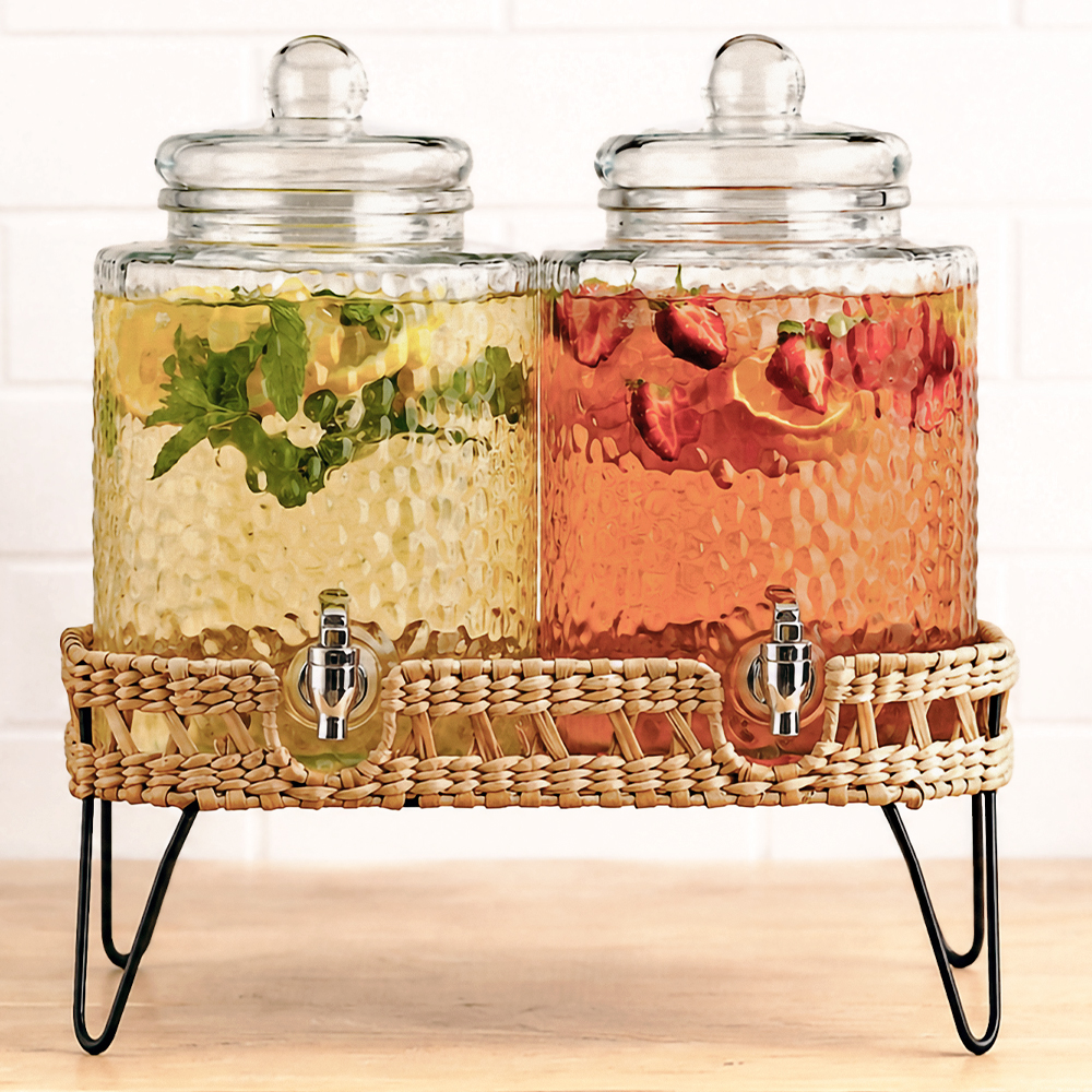 Double Glass Beverage Dispenser with Woven Basket & Metal Stand