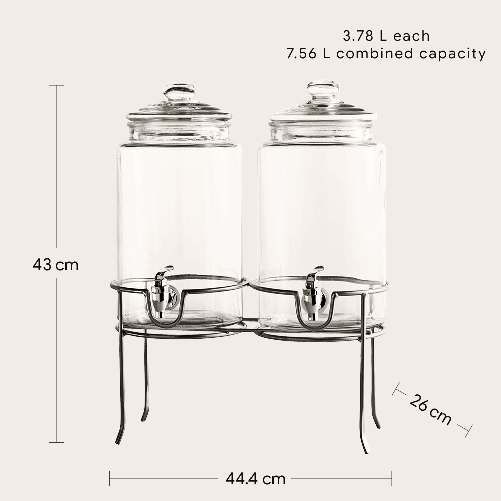 Double Glass Beverage Dispenser With Raised Metal Stand