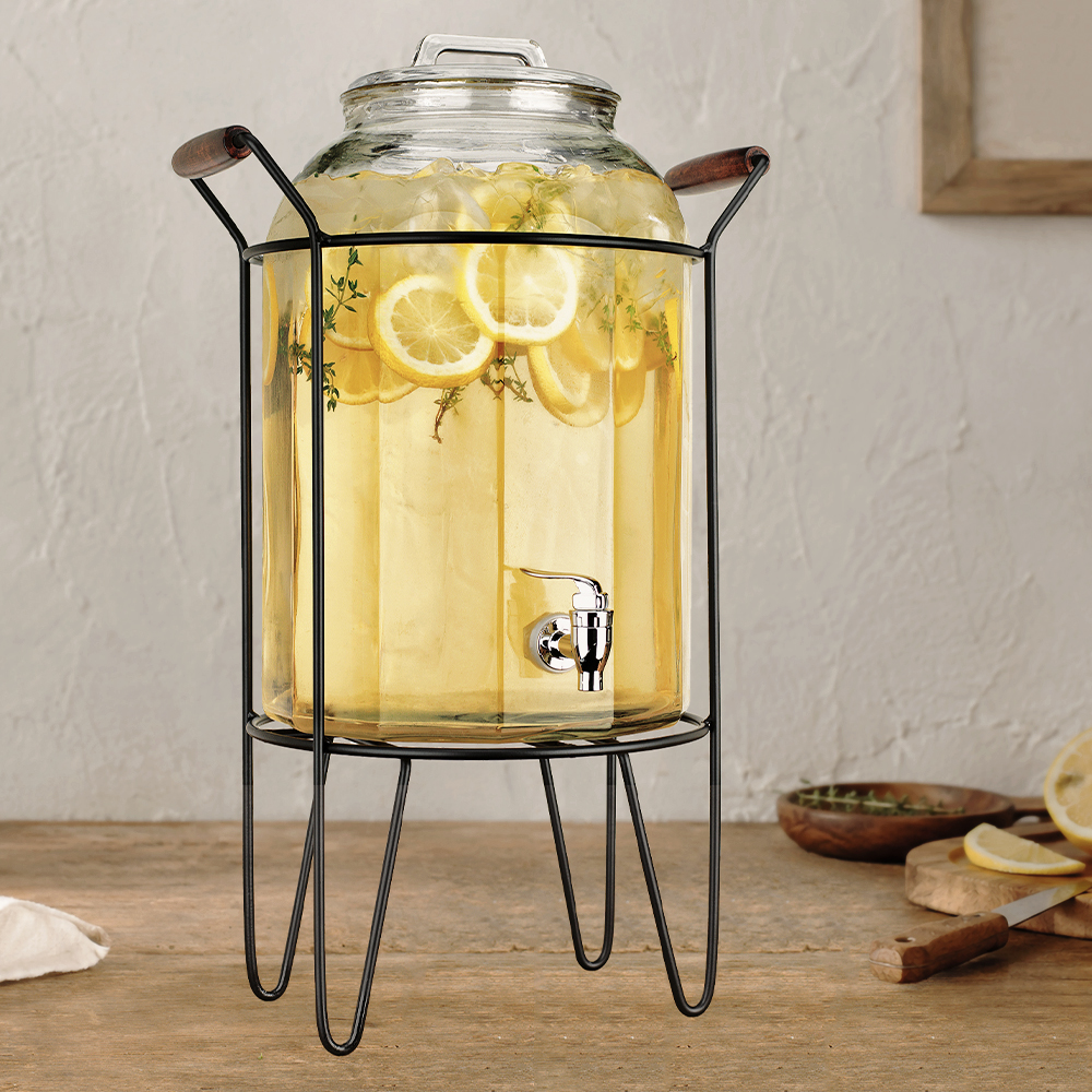 Glass Beverage Dispenser With Metal Caddy