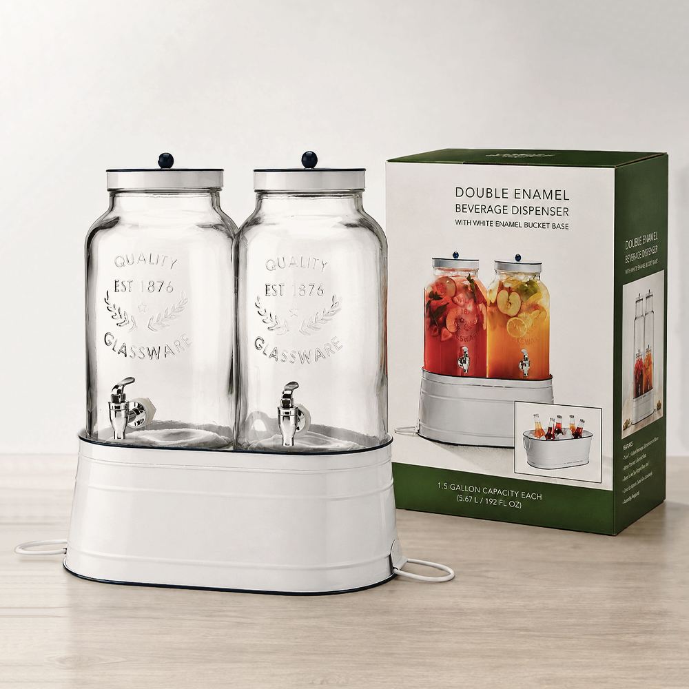 Double Glass Beverage Dispenser With Enamel Ice Bucket Base