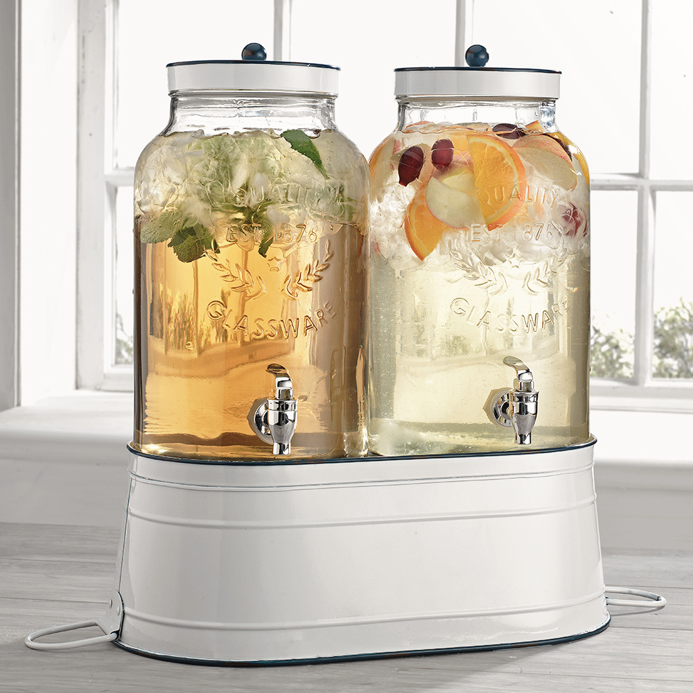 Double Glass Beverage Dispenser With Enamel Ice Bucket Base