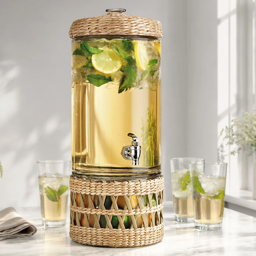 Glass Beverage Dispenser With Wicker Lid & Base