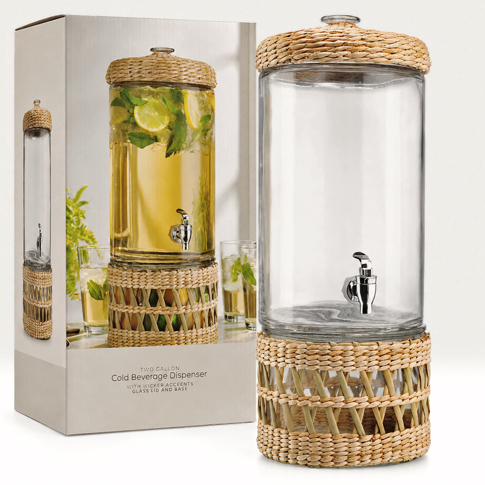 Glass Beverage Dispenser With Wicker Lid & Base