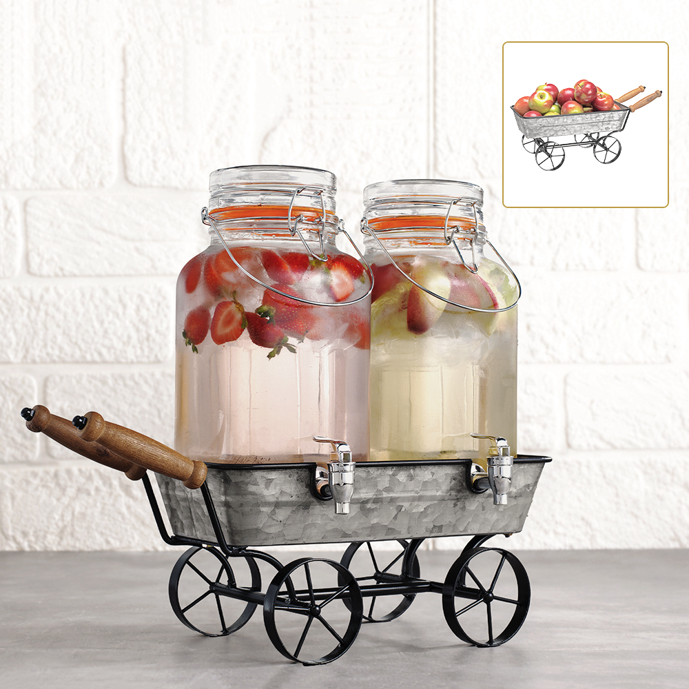 Double Glass Beverage Dispenser With Wheelbarrow Stand